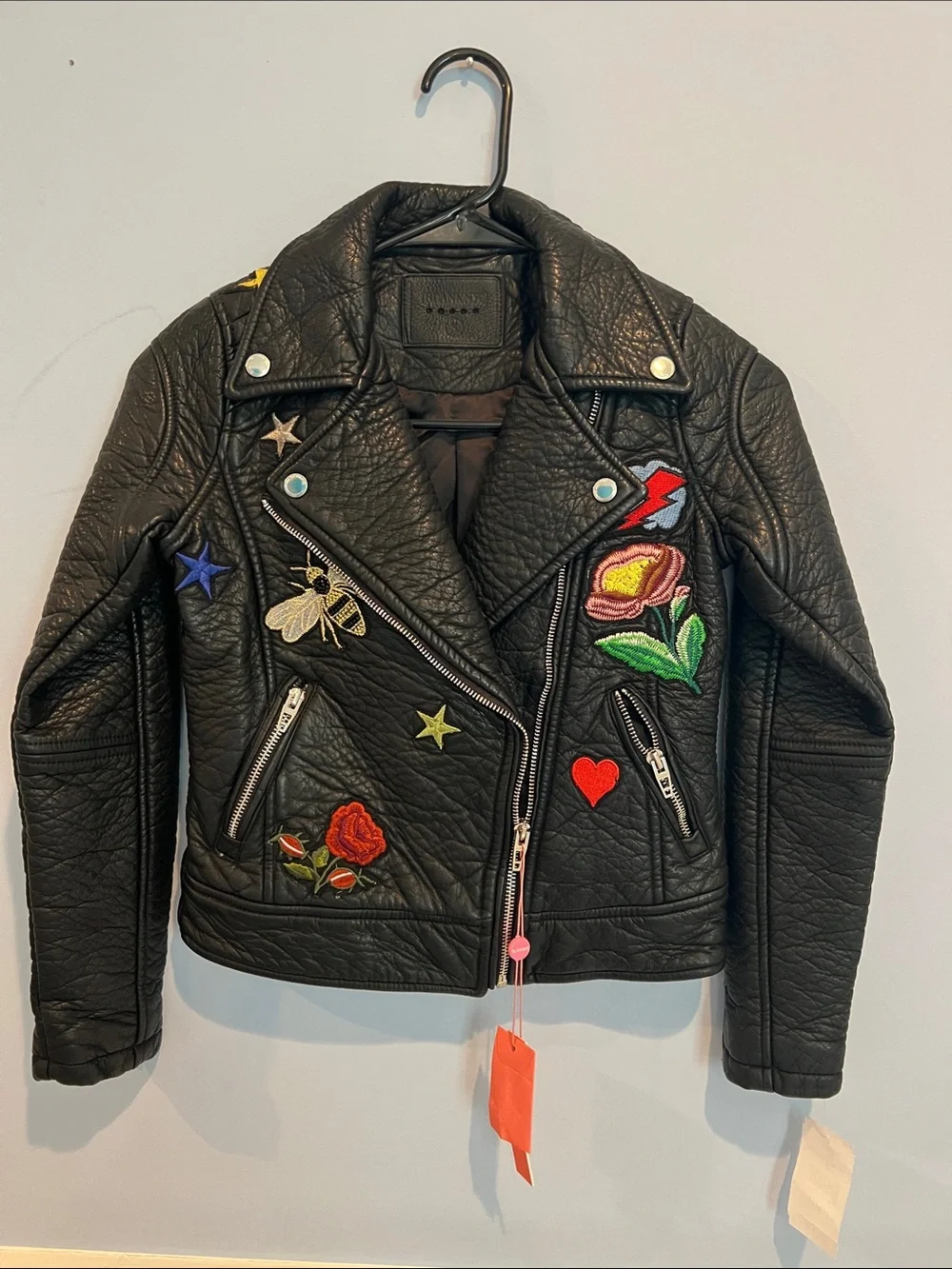 Blank NYC Black Embroidered Moto Jacket with Colorful Patches